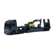 Miniatura Caminhão Volvo FH16 1:64 Maisto Volvo - Caminhão Prancha Volvo FH16 750 com Escavadeira Volvo EC220E