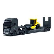 Miniatura Caminhão Volvo FH16 1:64 Maisto Volvo - Caminhão Prancha Volvo FH16 750 com Rolo Compactador Volvo SD160B