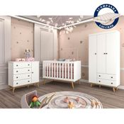 Quarto Infantil Guarda Roupa 3 Portas Cômoda 4 Gavetas com Fraldário Fernanda Berço 3 em 1 com Colchão Ludmila Brilho Carolina Baby