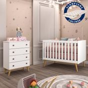Quarto Infantil Cômoda 4 Gavetas Fernanda Berço com Colchão 3 em 1 Ludmila Branco Fosco Carolina Baby