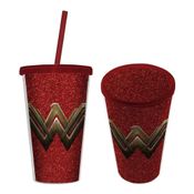 Copo Com Tampa e Canudo - Mulher Maravilha - Vermelho Glitter