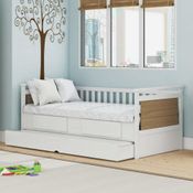 Bicama Infantil Solteiro Sofá Cama Auxiliar Em MDF 2 Gavetas 2 Cabeceiras Quarto Branco E Marrom