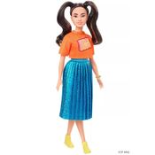 Boneca Barbie Fashionistas 145 Rabo de Cavalo Longo Blusa Laranja Saia Azul - Mattel