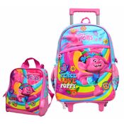 KIT MOCHILA DE RODINHAS E LANCHEIRA ROSA COM AZUL OFICIAL TROLLS TR2238K