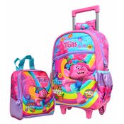 KIT MOCHILA DE RODINHAS E LANCHEIRA ROSA COM LILÁS OFICIAL TROLLS TR2238K