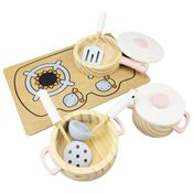Kit Panelas Infantil Fogão Cooktop de Brinquedo Madeira Rosa