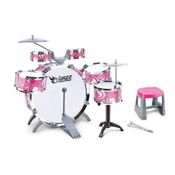 BATERIA INFANTIL MUSICAL ROCK GIRLS COM BANQUINHO TAMBOR BUMBO E BAQUETAS