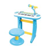 TECLAO PIANO MUSICAL INFANTIL 31 TECLAS GRAVADOR MICROFONE E BANQUINHO BRINQUEDO AZUL