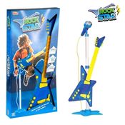 GUITARRA COM MICROFONE E PEDESTAL INFANTIL ELETRONICA INFANTIL VIOLAO KARAOKE MP3 ROCK STAR BOY AZUL