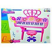 PIANO INFANTIL TECLADO MUSICAL COM BANQUETA SINFONIA MICROFONE KARAOKE ELETRONICO COM LUZES ROSA MENINA