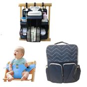 KIT BEBE MOCHILA MULTIFUNCIONAL MATERNIDADE COM ORGANIZADOR DE FRALDA E CADEIRINHA DE ALIMENTACAO EM TECIDO