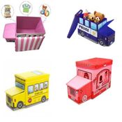 PUFF INFANTIL DOBRAVEL COM BAU ORGANIZADOR DE BRINQUEDOS DUPLO EM FORMATO DE ONIBUS PORTA TRECO