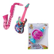 KIT MUSICAL ROSA GUITARRA PANDEIRO E SAXOFONE PRINCESAS E MINI TROMPETE COM LUZ TROMPETINHO