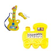 KIT BRINQUEDO MUSICAL GUITARRA INFANTIL ELETRICA COM MICROFONE E MINI PIANO TECLADO TRENZINHO AMARELO