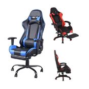 CADEIRA GAMER APOIO DE PÉS ERGONOMICA RECLINÁVEL GIRATÓRIA ESTOFADO COURO SINTÉTICO PRETA E AZUL