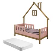Cama Infantil com Moldura Casinha Dream Freijó e Rosê com Colchão