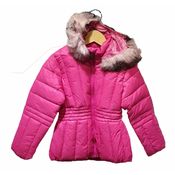 Jaqueta Infantil Pink Nylon Puffer Forrada Capuz com Pelo