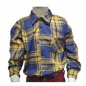 Camisa Infantil Manga Longa Flanela Xadrez Azul e Amarelo