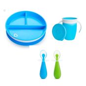 Kit Introdução Alimentar Azul Munchkin Prato + Copo 360 Com Tampa + Colher Silicone