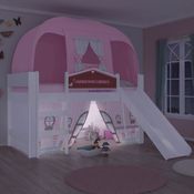 Cama Infantil Doce Casinha Play c/Escorregador, Dossel e Led - Branco/Rosa