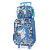 Kit Mochila de Carrinho Tubarão Com Lancheira Azul Up4You