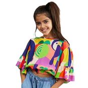 Blusa Viscose Cropped Estampada Tropical Manga Godê