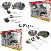 Brinquedo Jogo Conjunto Kit Cozinha 12 Peças Em Inox Panela e Utensílios Presente Infantil Menino Menina Criança Braskit