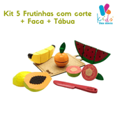 Kit 5 Frutinhas com corte + Faca + Tábua Coleção Comidinhas Brinquedo Madeira Lúdico