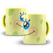 Caneca De Porcelana Bob Esponja Interior e Alça Amarela Personalizada 325ml