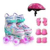 Patins Infantil Quad Ajustável+ Kit Proteção Rodas Led-ROSA-28-32