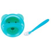 Kit Alimentação Refeição Introdução Alimentar Ursinho 2 Peças- Pratinho com divisória + 1 Colher de Silicone Buba Cor:Az