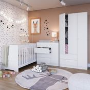 Kit Quarto Bebê Infantil Gêmeos Irmãos Conjunto Completo Berço 3 em 1 Cômoda Guarda Roupa Branco