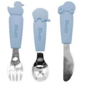 Kit 3 Talheres Animais Metal e Silicone Azul Clingo