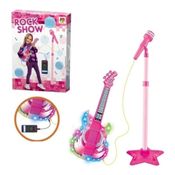 KIT GUITARRA E MICROFONE COM PEDESTAL INFANTIL MINI ESTRELA DO ROCK MUSICAL SHOW LUZ E SOM ROSA