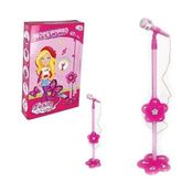 MICROFONE INFANTIL ROSA COM PEDESTAL CONECTA NO CELULAR SOM E LUZ DE LED KARAOKE ROCK GIRL