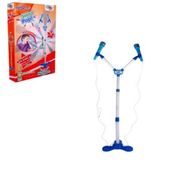 KIT MICROFONE INFANTIL DUPLO COM PEDESTAL SOM E LUZ DE LED CONECTA NO CELULAR KARAOKE MENINO ROCK HERO SQUAD