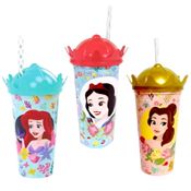 Kit Copos com Canudo Shake Princesas Disney Pequena Sereia  Branca de Neve e Princesa Bela 500ml