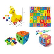 Kit Educativo Girafa + Tapete Educativo + Cubo de Encaixar / Mini Tapete de eva 8cmX8cm Mini quebra cabeça / Cubo Didáti
