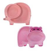 KIT 2 PRATOS INFANTIL INTRODUÇÃO ALIMENTAR COM DIVISÓRIAS DIVERTIDO PARA BEBE E CRIANÇA PLÁSTICO BUBA Cor:Elefan Salmão/