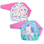 KIT 2 AVENTAL BABADOR COM MANGA LONGA ALIMENTAÇÃO BEBES IMPERMEAVEL PEGA MIGALHAS Cor:Pincelada Rosa/Unicórnio