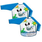 KIT 2 AVENTAL BABADOR COM MANGA LONGA ALIMENTAÇÃO BEBES IMPERMEAVEL PEGA MIGALHAS Cor:Azul