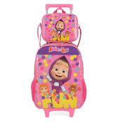 Kit Mochila de Rodinhas Lancheira Luxcel Masha e o Urso Rosa