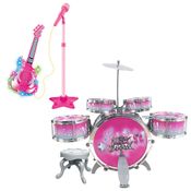 Kit Bateria Guitarra Amplificadora Com Microfone Pedestal Infantil Rock Luz e Som Rosa - DM Toys