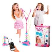 MICROFONE DUPLO PEDESTAL COM SOM LUZ INFANTIL CONECTA MP3 CELULAR MUSICA ROCK SHOW ROSA MENINA