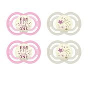KIT CHUPETAS MAM PERFECT NIGHT 6+ MESES BRILHA ESCURO TAMANHO 2 BICO SILICONE EMBALAGEM COM 4 MENINO MENINA Cor:Rosa