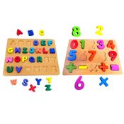 Brinquedo Educativo de Encaixar Peças Letras e Numeros em Madeira