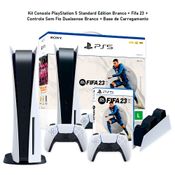 Kit Console PlayStation 5 Standard Edition Branco + Fifa 23 + Controle Sem Fio Dualsense Branco + Base de Carregamento