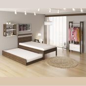 Kit Conjunto Cama de Solteiro Com Cabeceira e Bicama Cama Auxiliar Quarto Marrom Nogal e Branco
