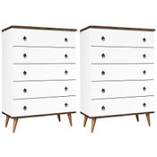 Kit 2 Cômodas 5 Gavetas Pés Palito Poeme 1068 Branco/Amêndoa Wood Luxo - Móveis Primus