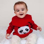 Blusa Tricô Kids de Bebê Com Panda de Tricô Vermelho